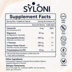 Syloni Cortisol Support supplement facts and ingredient label showing Ashwagandha, L-Theanine, Magnesium, and vegan non-GMO badge