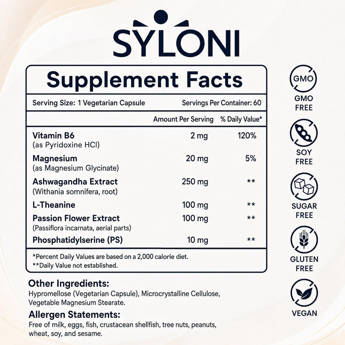 Syloni Cortisol Support supplement facts and ingredient label showing Ashwagandha, L-Theanine, Magnesium, and vegan non-GMO badge