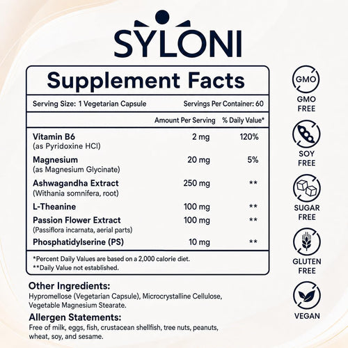 Syloni Cortisol Support supplement facts and ingredient label showing Ashwagandha, L-Theanine, Magnesium, and vegan non-GMO badge
