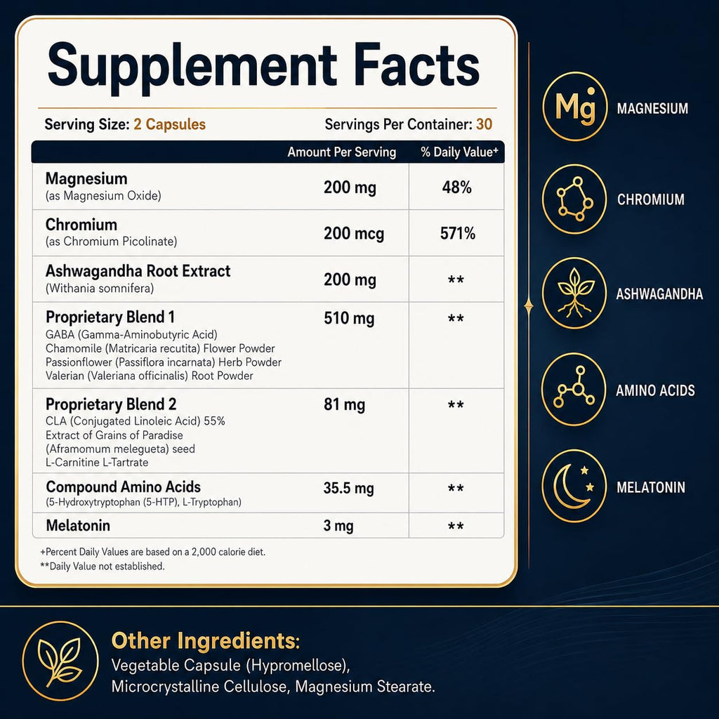 Syloni Night Time Metabolism supplement facts nutrition label detailing melatonin, magnesium, ashwagandha, GABA, and herbal blends