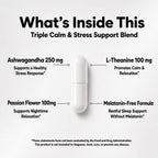 Triple calm and stress support blend infographic detailing 250mg Ashwagandha, 100mg L-Theanine, passion flower, and melatonin-free capsule