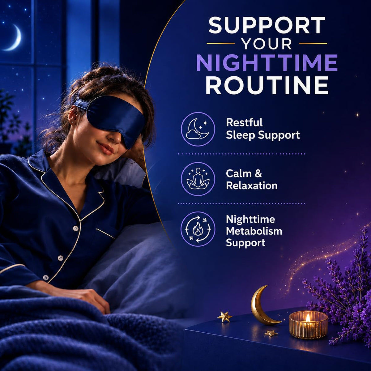 Woman with silk eye mask relaxing in bed as part of an evening wellness routine for restful sleep and nighttime metabolism