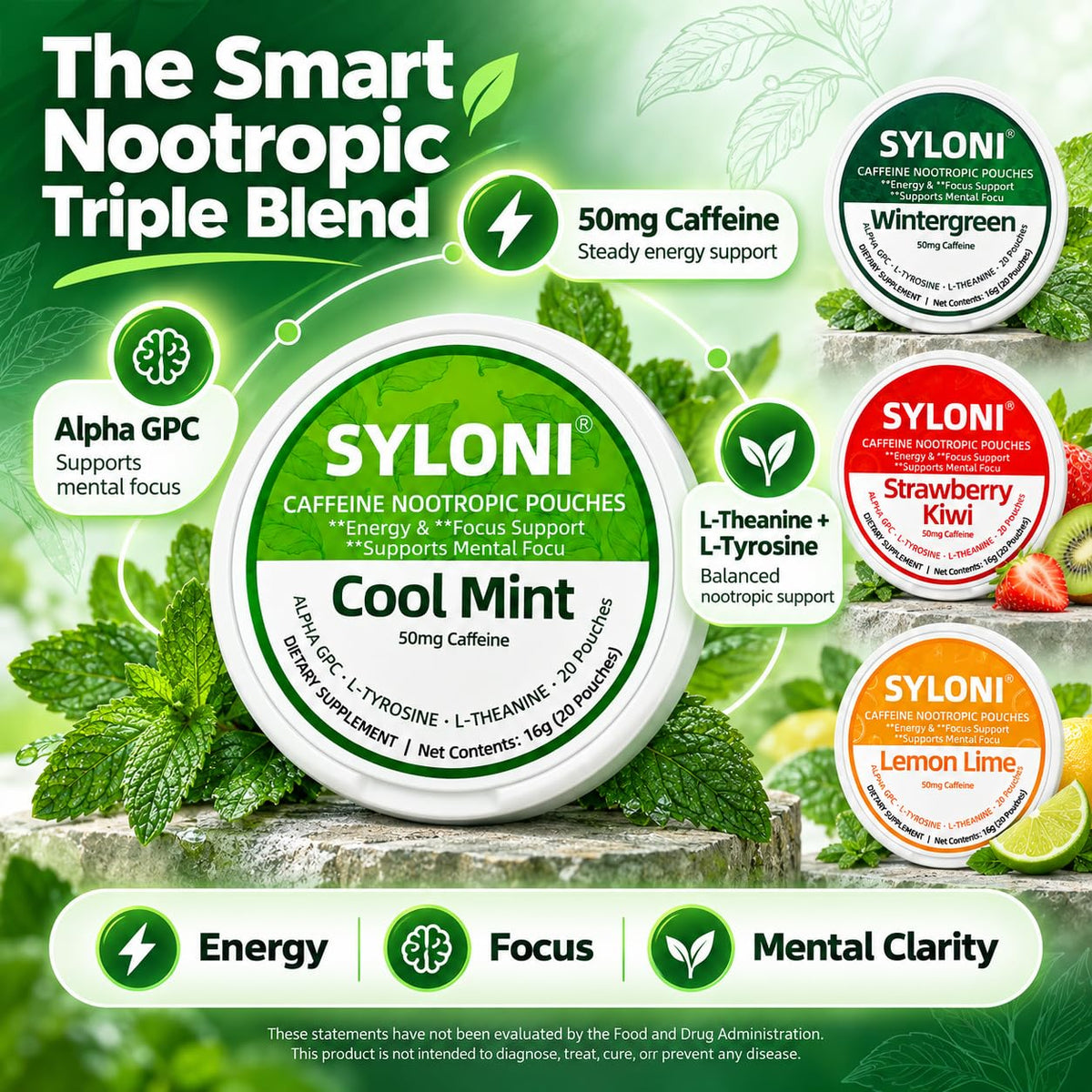 SYLONI Caffeine Nootropic Pouches smart blend infographic detailing 50mg caffeine, Alpha-GPC, L-Theanine, and L-Tyrosine for energy and mental clarity
