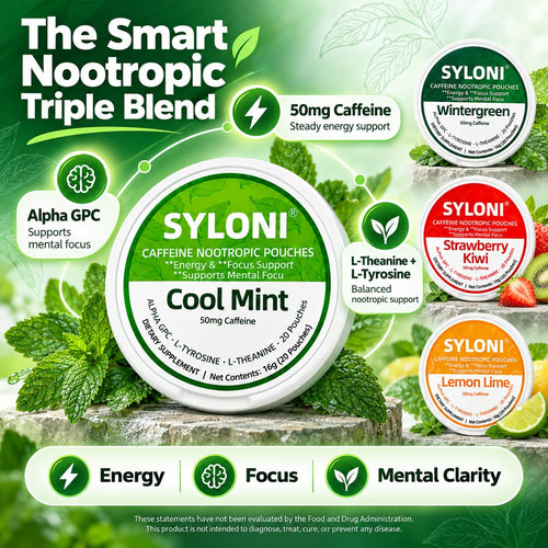 SYLONI Caffeine Nootropic Pouches smart blend infographic detailing 50mg caffeine, Alpha-GPC, L-Theanine, and L-Tyrosine for energy and mental clarity