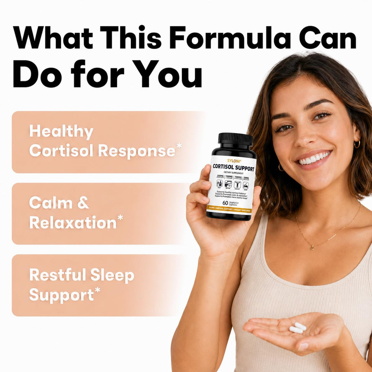 Woman holding Syloni Cortisol Support bottle highlighting key benefits: healthy cortisol balance, calm relaxation, and restful sleep support