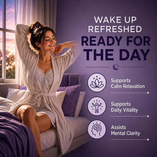 Woman waking up refreshed and relaxed in bed, highlighting morning vitality and mental clarity benefits of Syloni sleep support