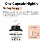 One capsule nightly dosage instructions and 0.78-inch easy-to-swallow capsule size comparison for Syloni Cortisol Support
