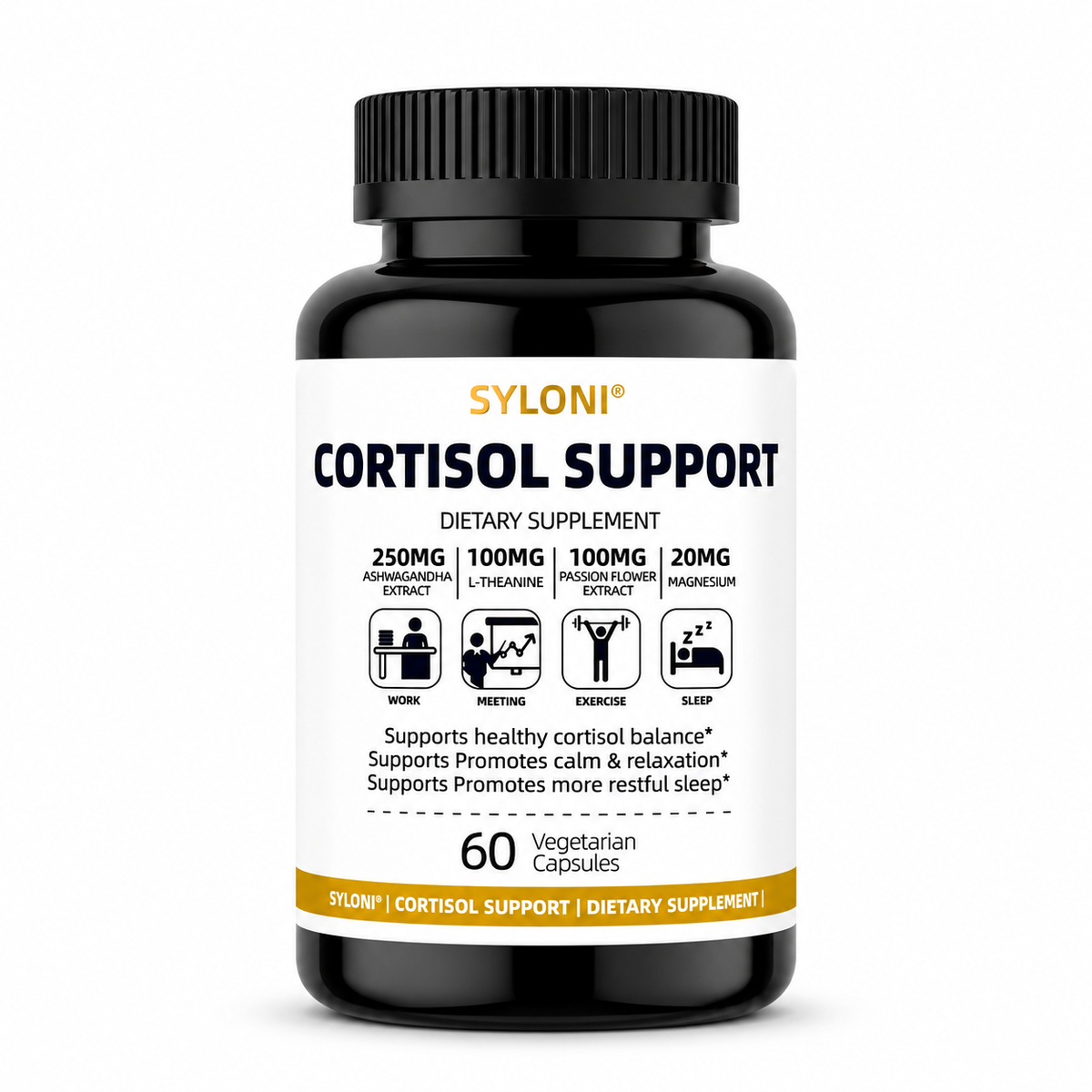 Syloni Cortisol Support dietary supplement bottle with 250mg Ashwagandha, 60 vegetarian capsules for stress relief and evening relaxation