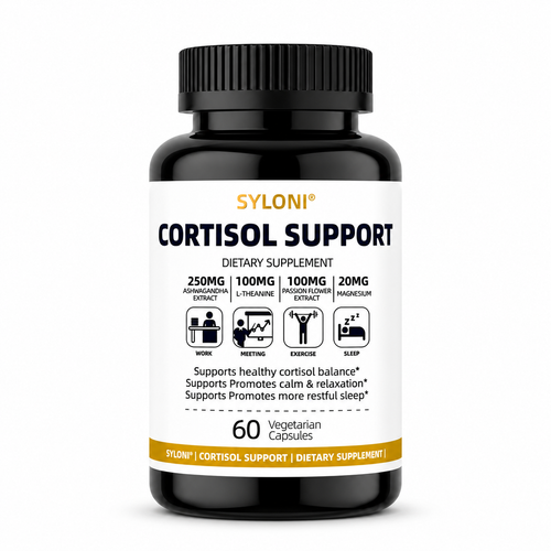 Syloni Cortisol Support dietary supplement bottle with 250mg Ashwagandha, 60 vegetarian capsules for stress relief and evening relaxation