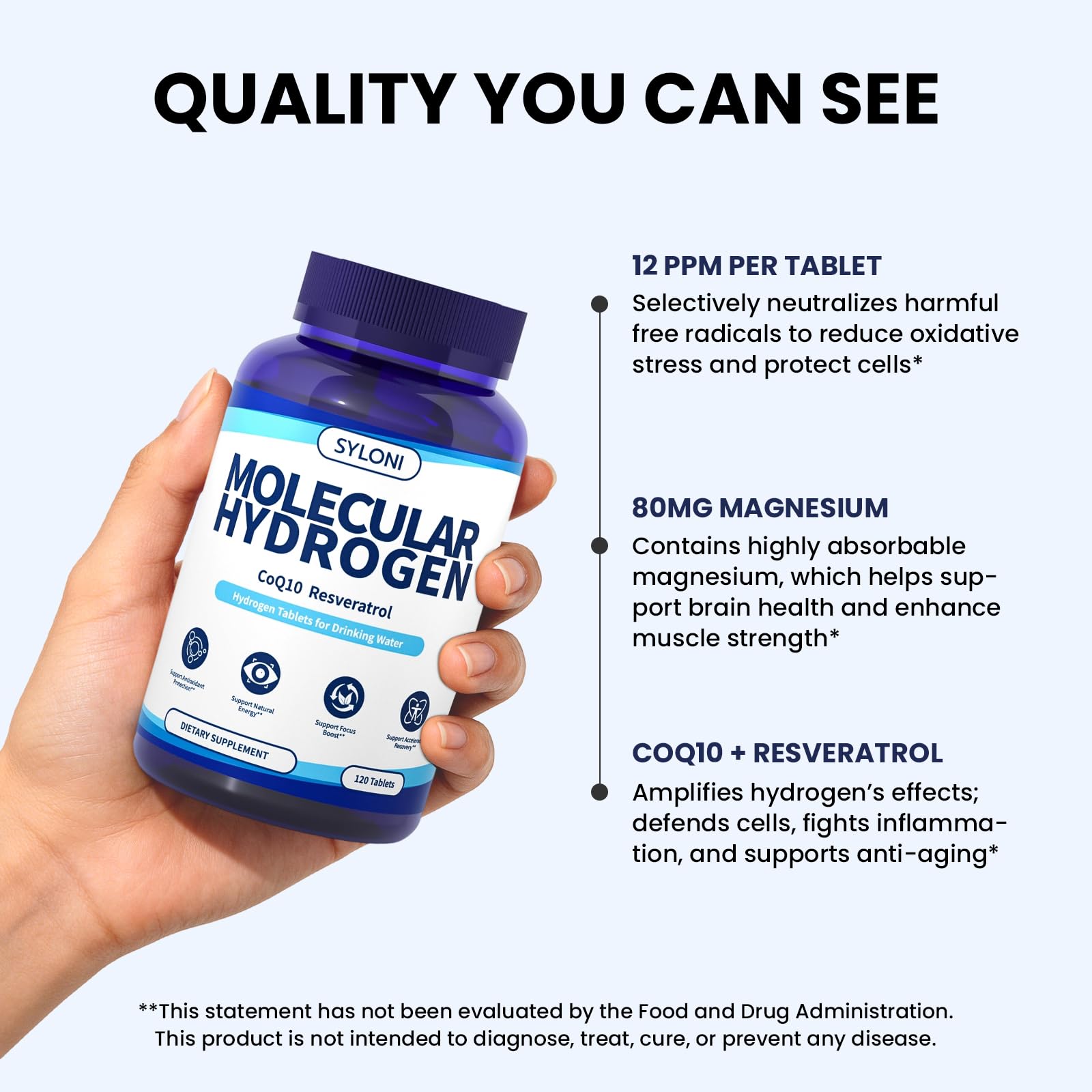Syloni Hydrogen Water Tablets | 12 PPM H2 + Magnesium | Antioxidant, Energy & Cellular Health – 120 Servings