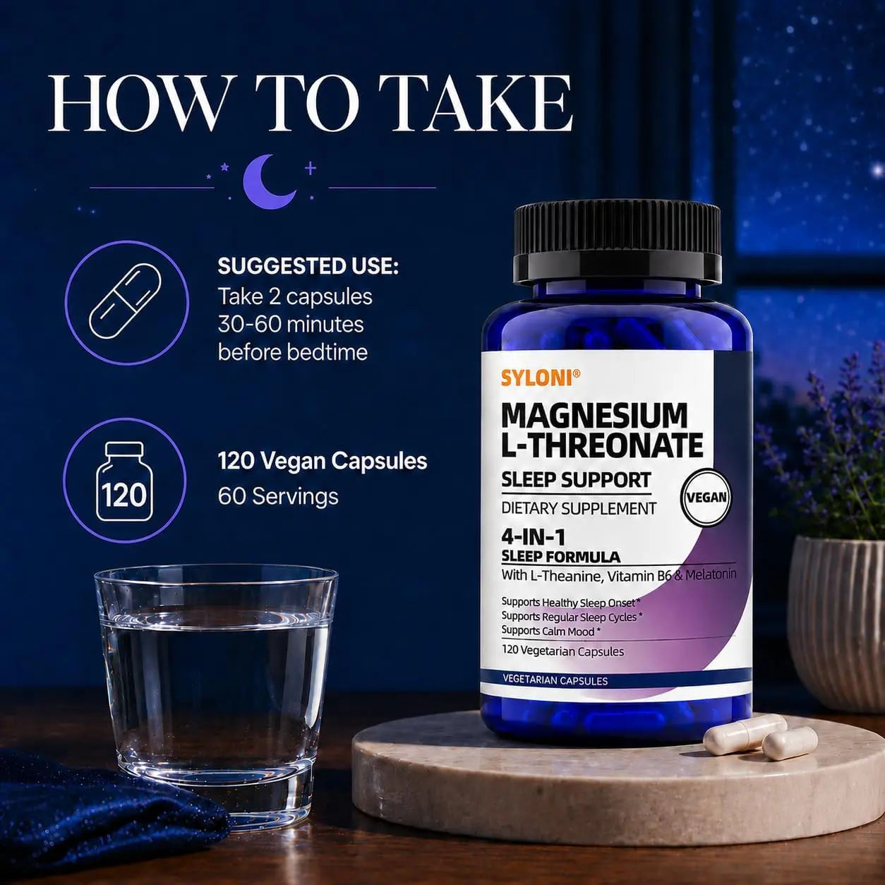 Magnesium L-Threonate Sleep Support Capsules, Brain Health & Calm Relaxation Supplement with L-Theanine, Vitamin B6 & Low-Dose Melatonin 1mg, 120 Vegan Capsules, 60 Servings