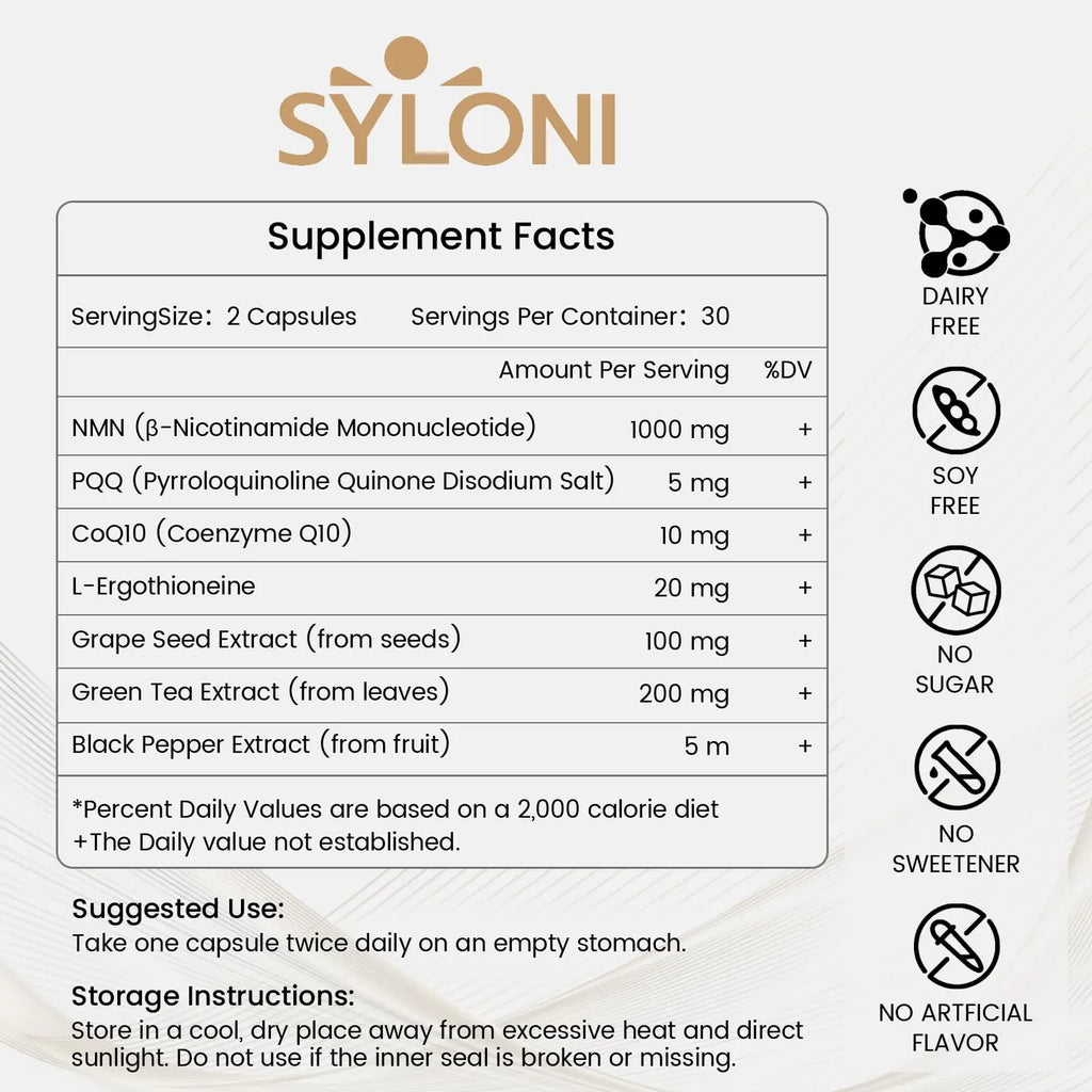 Syloni NMN Supplement 1000mg | 4-in-1 NAD+ Anti-Aging Formula with PQQ, CoQ10 & L-Ergothioneine | 60 Capsules Syloni