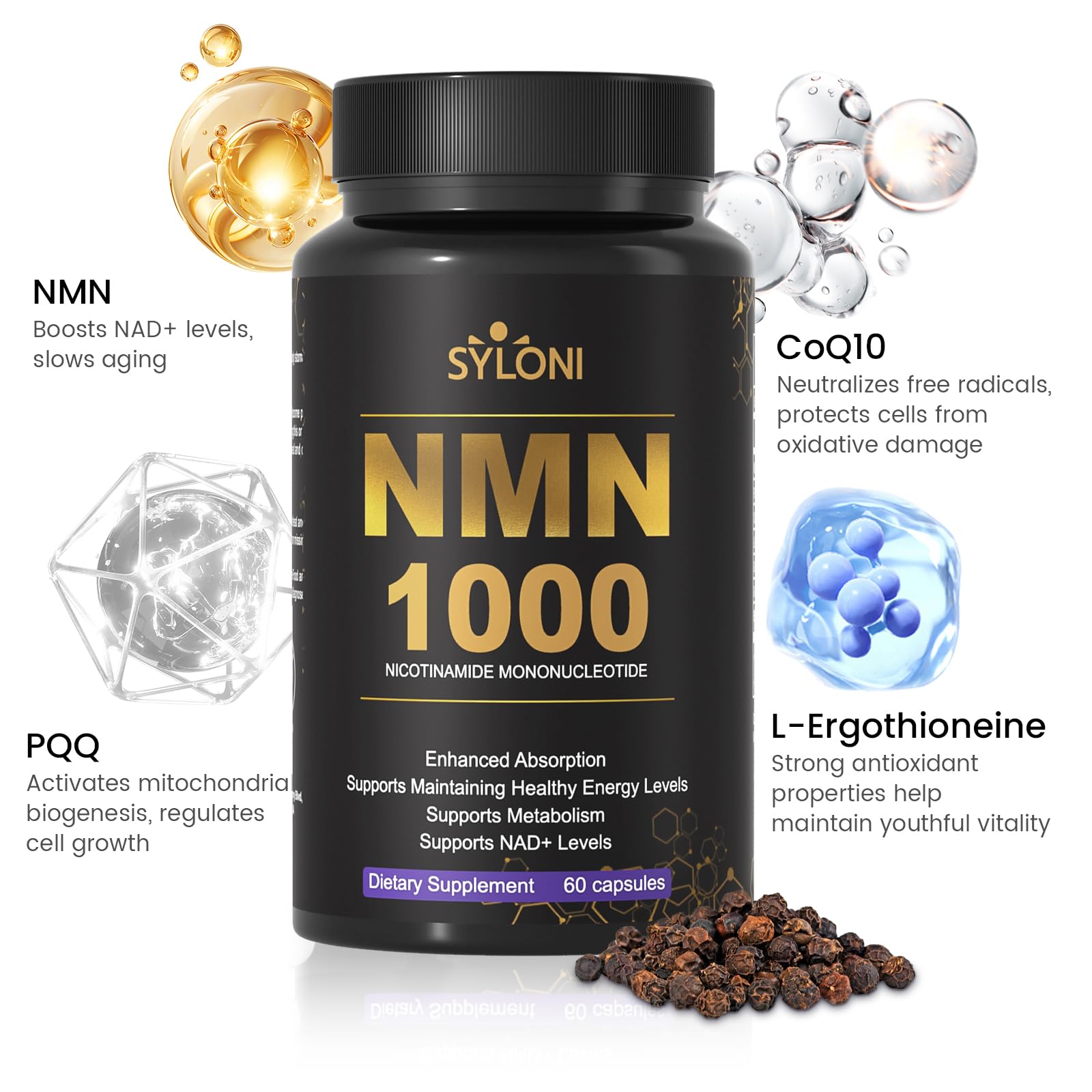Syloni NMN Supplement 1000mg | 4-in-1 NAD+ Anti-Aging Formula with PQQ, CoQ10 & L-Ergothioneine | 60 Capsules