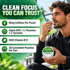 Man placing a SYLONI Cool Mint caffeine pouch under his lip with product benefits of 50mg caffeine and nootropics