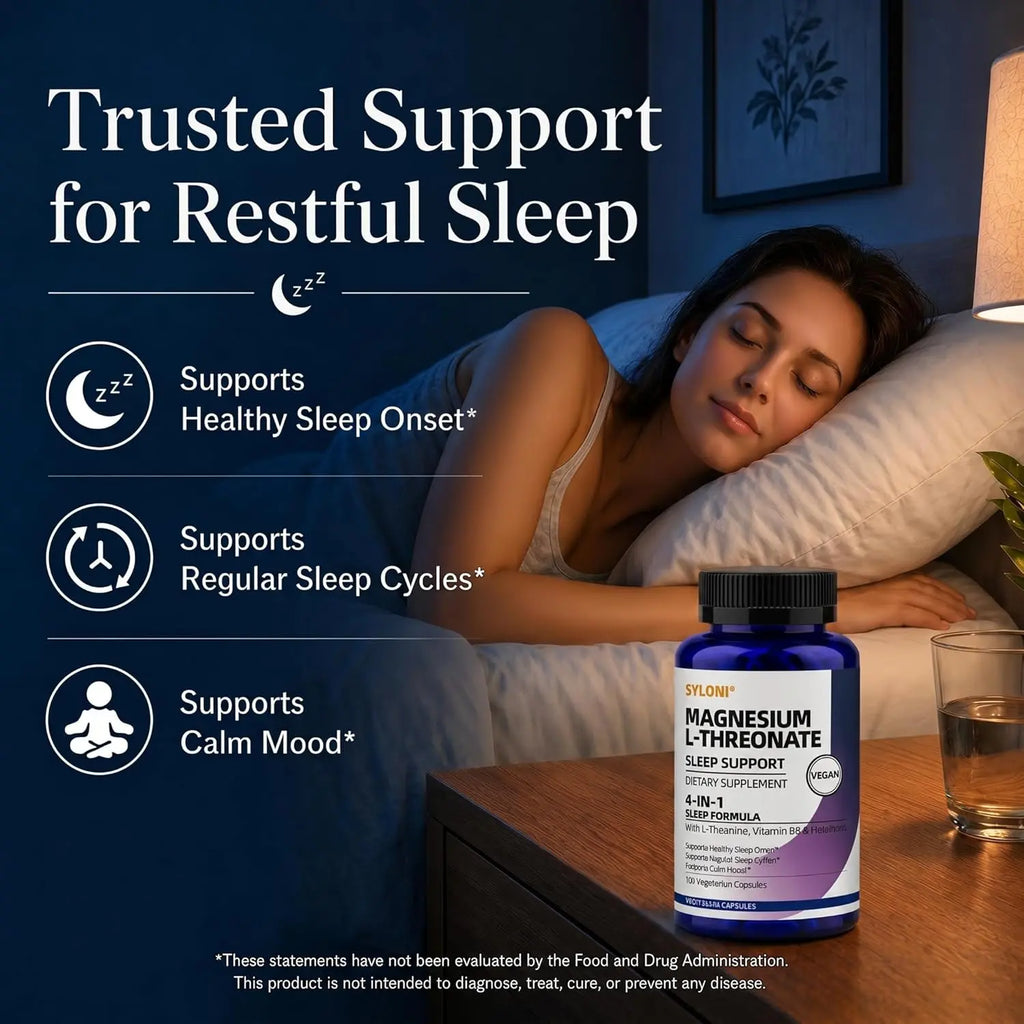 Magnesium L-Threonate Sleep Support Capsules, Brain Health & Calm Relaxation Supplement with L-Theanine, Vitamin B6 & Low-Dose Melatonin 1mg, 120 Vegan Capsules, 60 Servings