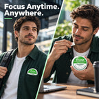 Man using portable SYLONI Cool Mint caffeine pouch on the go and while working on a laptop for daily focus
