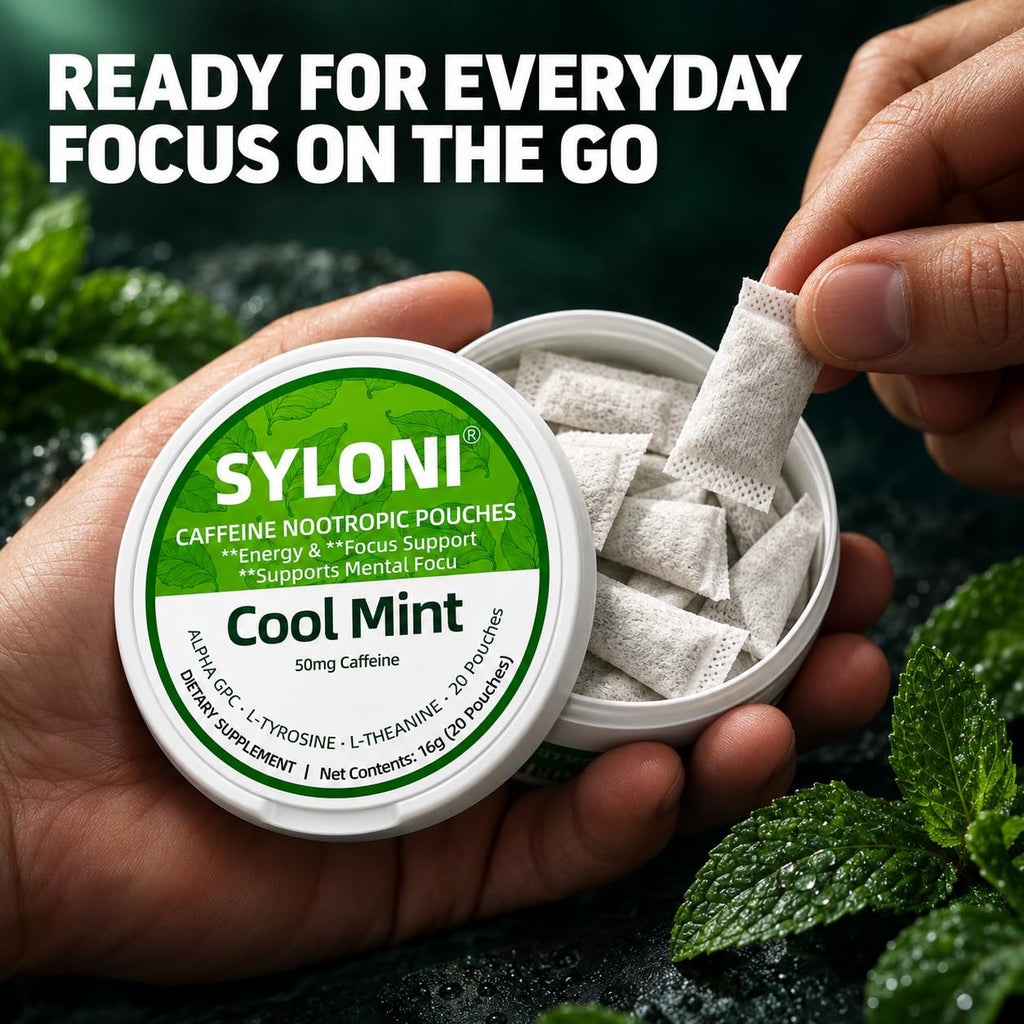 Close-up of hands holding an open can of SYLONI Cool Mint caffeine pouches on fresh mint leaves 