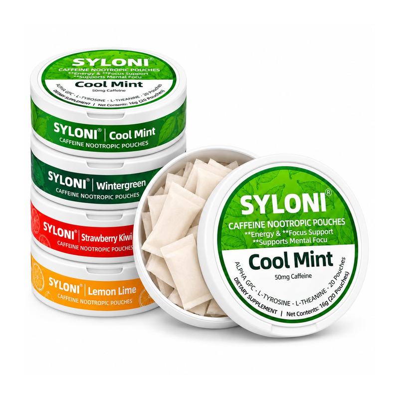 SYLONI Caffeine Nootropic Pouches 4-pack variety stack in Cool Mint, Wintergreen, Strawberry Kiwi, and Lemon Lime with open can showing pouches