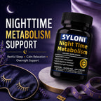 Syloni Night Time Metabolism supplement bottle displayed on marble pedestal with silk sleep mask, measuring tape, and lavender for overnight recovery