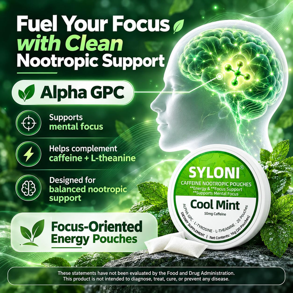 SYLONI Cool Mint caffeine pouches feature graphic highlighting Alpha GPC brain support for cognitive focus and sustained alertness