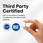Third-party certified quality assurance showing GMP and NSF certified facility badges with white vegetarian capsule