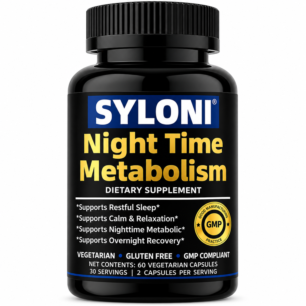 Syloni Night Time Metabolism dietary supplement bottle with 60 vegetarian capsules for sleep and overnight metabolic support