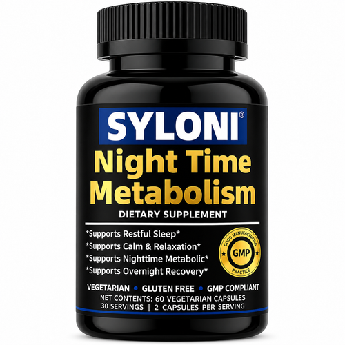 Syloni Night Time Metabolism dietary supplement bottle with 60 vegetarian capsules for sleep and overnight metabolic support